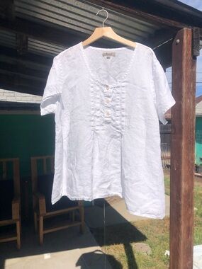 Flax White Linen Scoop-Neck Button Front Tunic Blouse Shirt